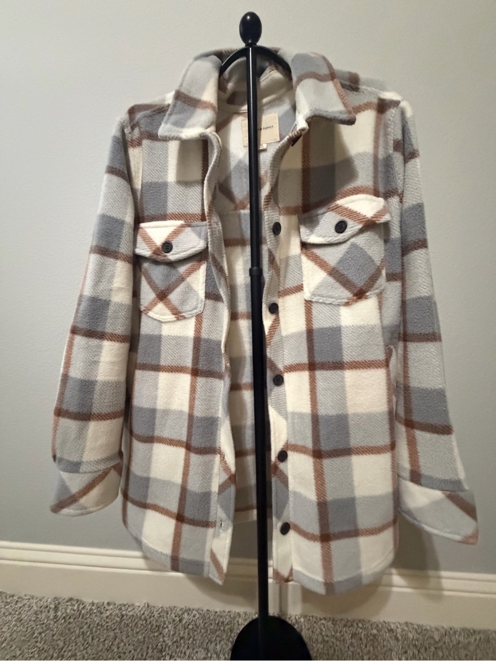 Thread & Supply Plaid Utility Shacket in Cream, Gray & Brown